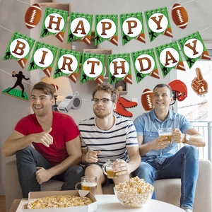 American football themed birthday party decoration set with green banner and sport ornaments