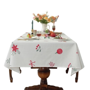 Waterproof polyester Christmas tablecloth featuring festive red poinsettia and deer patterns