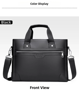 Front view of black textured leather business briefcase with dual handles and logo