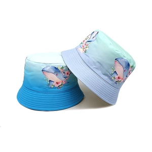Two-pack kids bucket hats featuring gradient colors and cartoon whale floral patterns