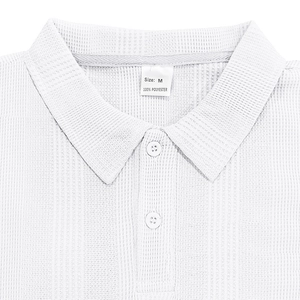 Detail shot of white Jacquard Polo shirt collar, three-button placket and M size label