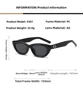 Technische Zeichnung der Retro-Cat-Eye-Sonnenbrille mit Größenangaben und PC-Rahmen-Details