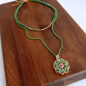 Vintage Double Layered Necklace 18K Gold Plated Copper Hollow Flower Pendant Green Glass Beads Simulated Jade For Women