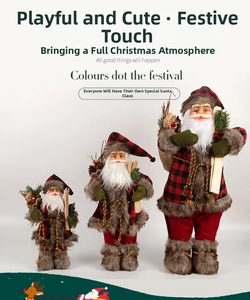 Three sizes of red plaid fabric Santa figurines with wooden skis and faux fur trim