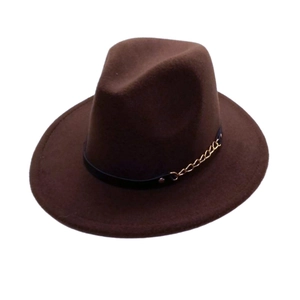 Detailed close-up of brown wool fedora with black decorative band and gold chain accent
