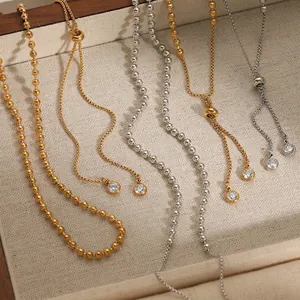 Adjustable stainless steel bead necklace set with sparkling zircon stone pendants