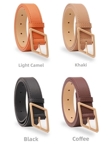 Detail of four thin leather belts in camel, khaki, black and coffee with metal buckles