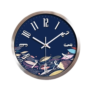 Silent blue metal wall clock with artistic fish pattern and brushed silver frame