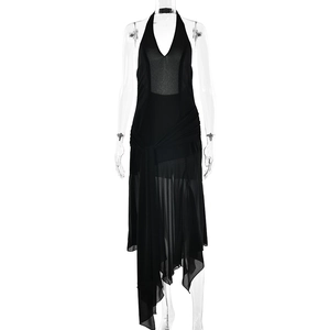 Chic black halter neck chiffon maxi dress with sheer mesh panels and asymmetrical hem