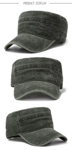 Detail view of the distressed washed cotton fabric and side triple stitching on military cap