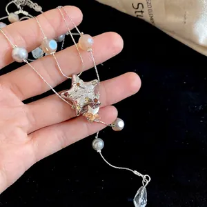 Double-layered star and pearl fringe necklace with crystal drop pendant for women