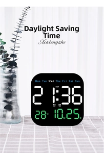 Macro view of digital LED clock display showing time, date, temperature and DST settings