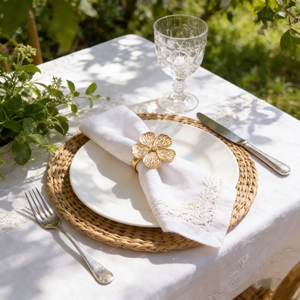 Detail of matte gold five-petal flower napkin ring on a white linen napkin and plate