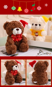 Close-up of Christmas teddy bear plush with 3D rose texture and festive bow details