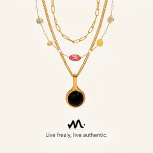 Collier Pendentif Oeil de Tigre en Acier Titane Vintage pour Femme Bijoux Élégants en Agate Plaquée Or avec Perles Artificielles
