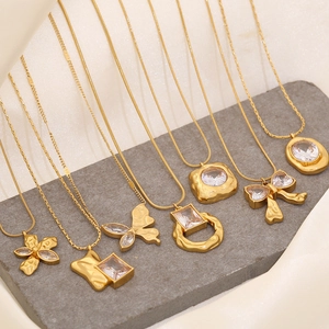 Stainless Steel Necklace Zircon Irregular Geometric Pendant Gold Plated Snake Chain Butterfly Flower Elegant Jewelry Women