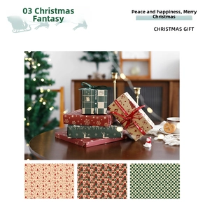 Macro detail of kraft Christmas wrapping paper with festive elk and tree patterns