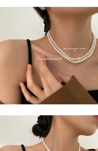 Detail of natural freshwater pearl necklace comparing medium and large oval pearl sizes