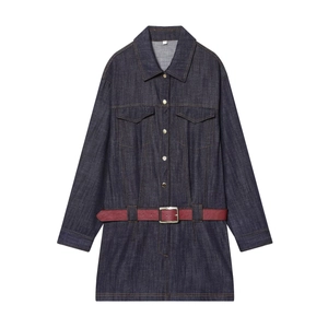 Women Denim Mini Dress Long Sleeve Lapel Single Breasted Pockets With Belt Casual Fashion Faux Denim Jean Dress