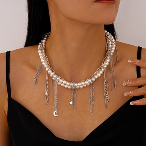 Elegant multi-layer pearl necklace featuring silver moon, star charms and chain fringes