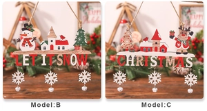 Detail of wooden Christmas ornaments featuring Snowman and Reindeer with bells