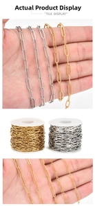 Detail of 18k gold and silver stainless steel paperclip chains on white plastic reels