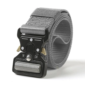 Grey nylon cobra tactical belt with black metal buckle and gold release levers for outdoors