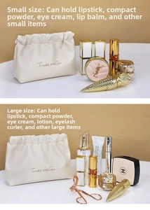 Capacity comparison of cream pleated PU makeup bags in small and large sizes