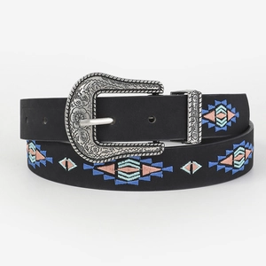 Embroidered black leather belt with ornate silver buckle in a coiled studio shot