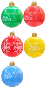 Detailed view of colorful inflatable Christmas balls with snowflake and leaf patterns