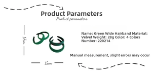 Detailed dimensions of green velvet sponge headband with 17cm by 15cm sizing specs