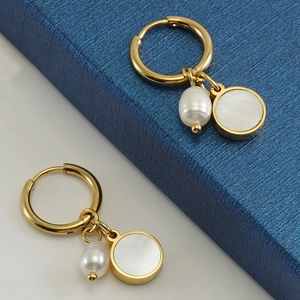 Minimalist gold hoop earrings featuring elegant white pearls and shell pendants
