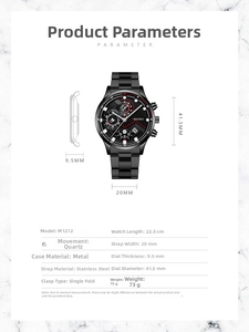 Ficha técnica detallada del reloj de cuarzo negro con correa de acero inoxidable y calendario