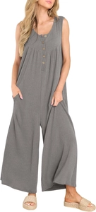 Detail of dark grey jumpsuit featuring waffle knit texture and vintage wooden buttons