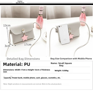 Gray PU leather mini square crossbody bag with star charm and size guide 17x13x3cm