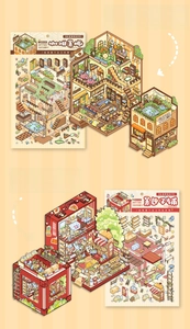 Detailed view of DIY miniature 3D cafe and grocery store stickers with folding scene cards