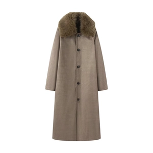 Brown plaid coat for women with a large faux fur collar and button closure