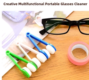 Close-up of portable microfiber eyeglass cleaners in green, blue, and white colors