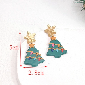 Detail view of handmade green Christmas tree earrings showing 5cm height and 2.8cm width