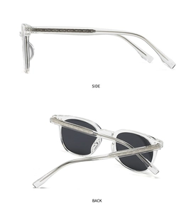 Detail view of transparent sunglasses with polarized lenses and textured metal temples