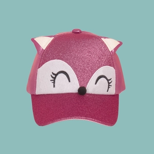 Detailed view of pink glitter baseball cap featuring cute fox ears and felt face embroidery