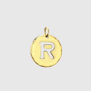 Golden stainless steel round pendant with white enamel capital letter R and ring