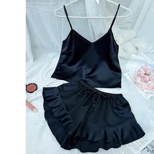 Women Pajama Camisole And Shorts Imitation Satin Satin V-Neck Spaghetti Strap Ruffle Hem Loungewear Sleepwear