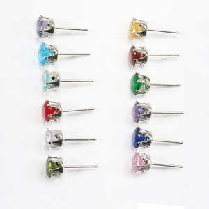 Six-prong titanium steel stud earrings set with colorful cubic zirconia in various colors
