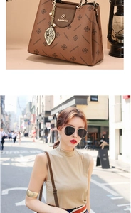 Close-up of brown monogram handbag with gold leaf charm and outdoor street style view