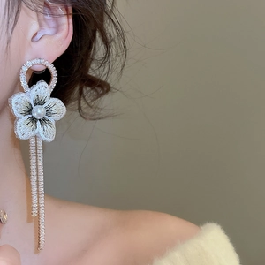 Détail de boucles d'oreilles argentées avec fleurs en résille, perles et pompons