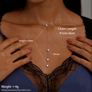 Y-shaped zircon drop necklace in silver finish with adjustable long chain for women