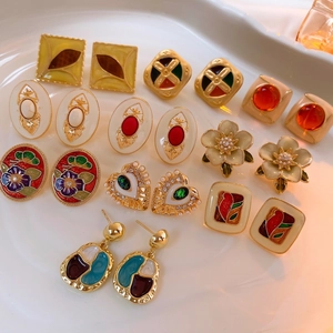 Vintage Enamel Stud Earrings French Retro Gold Plated Flower Geometric Jewelry With Silver Earring Post For Women