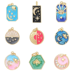 Vintage 14k gold celestial charms set with sun moon and star enamel pendants