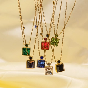 Square Pendant Necklace Stainless Steel 14K Gold Plated Colorful Cubic Zirconia Geometric Elegant Jewelry For Women